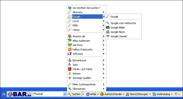 Bild: Plusbar 1.80: Über 50 Suchfunktionen für den Internet Explorer