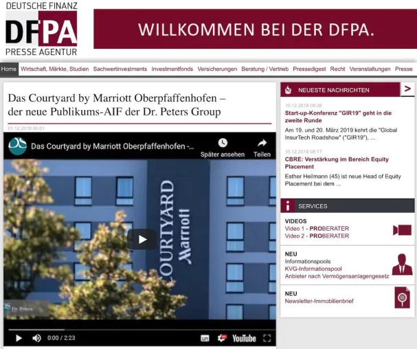 Dr. Peters Group nutzt für Hotelfonds "Courtyard by Marriott Oberpfaffenhofen" DFPA Contentmarketing-Angebote Bild: Dr. Peters Group nutzt für Hotelfonds "Courtyard by Marriott Oberpfaffenhofen" DFPA Contentmarketing-Angebote