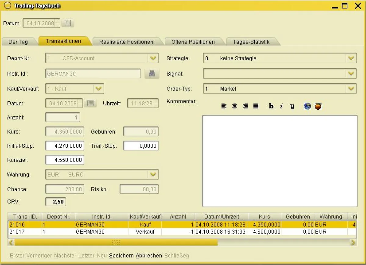 Erfassungsmaske von Transaktionen