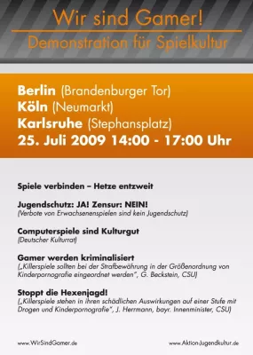 Wir sind Gamer - Demonstrationen für Spielkultur am Samstag, 25.07.2009 Bild: Wir sind Gamer - Demonstrationen für Spielkultur am Samstag, 25.07.2009