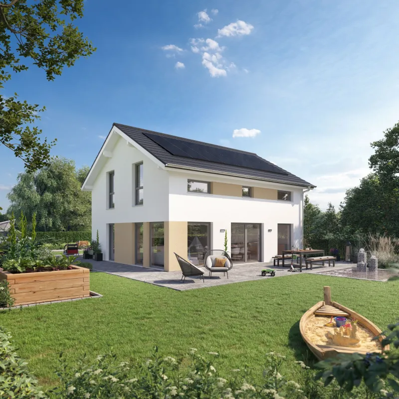 Das Sunshine 143 V4 als I-KON Haus mit QNG-Zertifizierung erfüllt alle KfW-Förderstandards  (© Living Fertighaus GmbH)