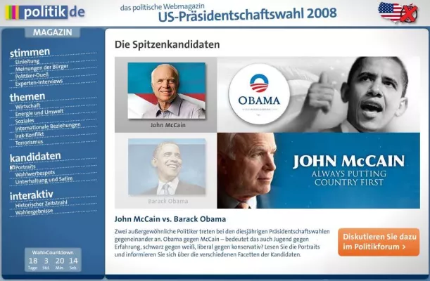 Bild: Interaktives Onlinemagazin zur US-Präsidentschaftswahl 2008 auf politik.de