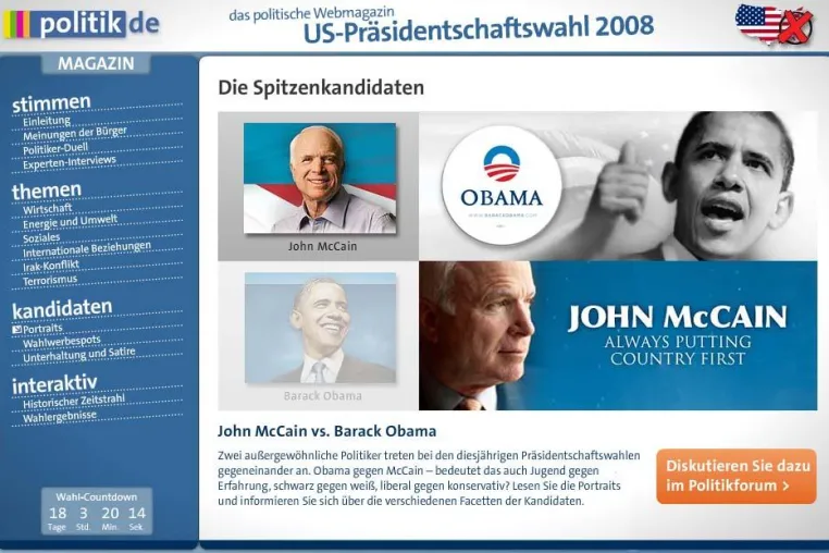 Interaktives Onlinemagazin zur US-Präsidentschaftswahl 2008 auf politik.de Bild: Interaktives Onlinemagazin zur US-Präsidentschaftswahl 2008 auf politik.de