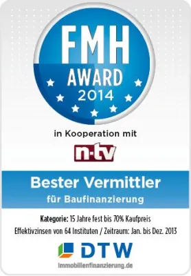 Bild: DTW-Immobilienfinanzierung ist „Bester Vermittler für Baufinanzierung“ beim FMH-Award 2014