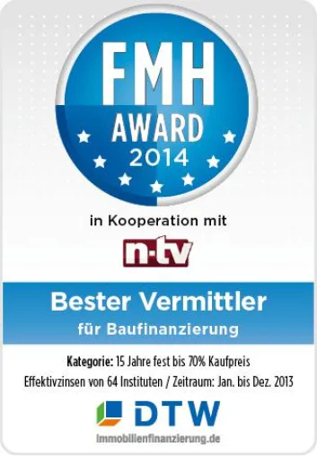 DTW-Immobilienfinanzierung ist „Bester Vermittler für Baufinanzierung“ beim FMH-Award 2014 Bild: DTW-Immobilienfinanzierung ist „Bester Vermittler für Baufinanzierung“ beim FMH-Award 2014