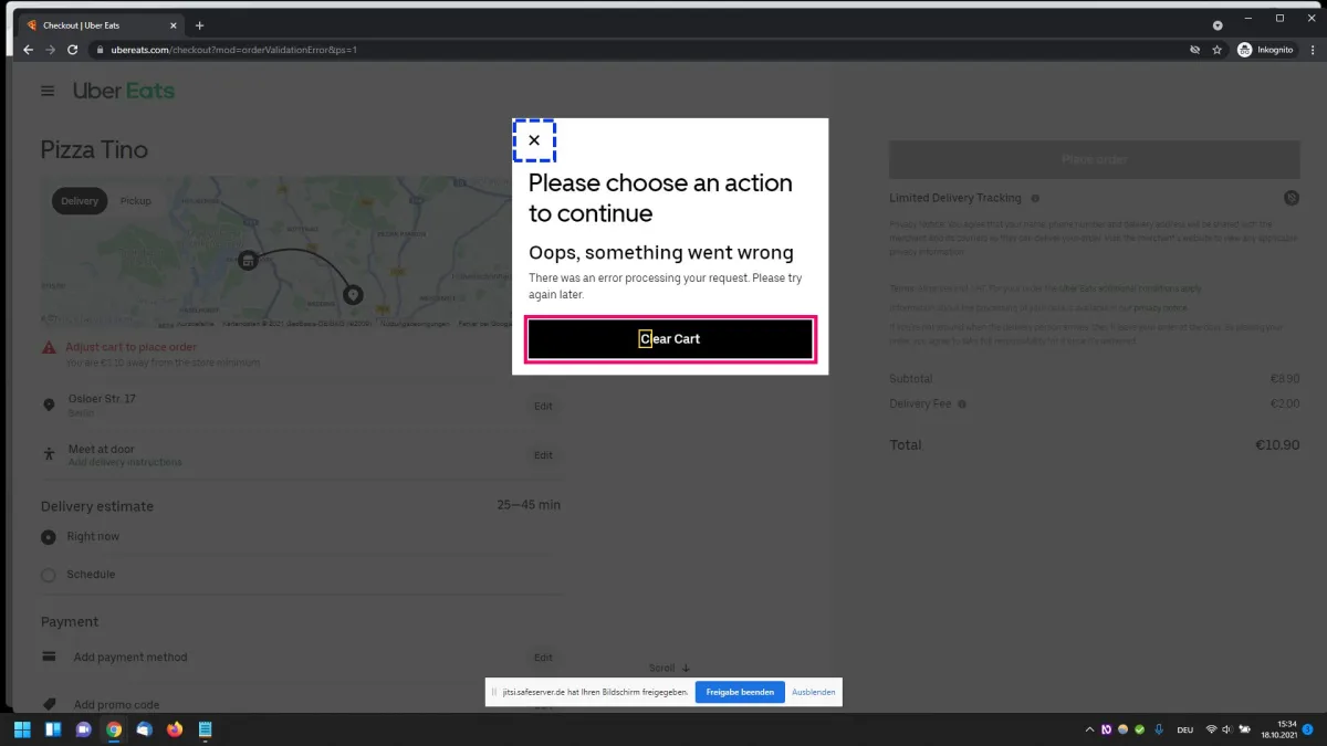 Screenshot Usabilitally-Sitzung Ubereats.com (© GzEvD)