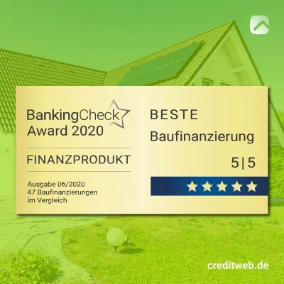 BankingCheck Award 2020: creditweb erhält zum sechsten Mal in Folge die Auszeichnung „beste Baufinanzierung“ Bild: BankingCheck Award 2020: creditweb erhält zum sechsten Mal in Folge die Auszeichnung „beste Baufinanzierung“