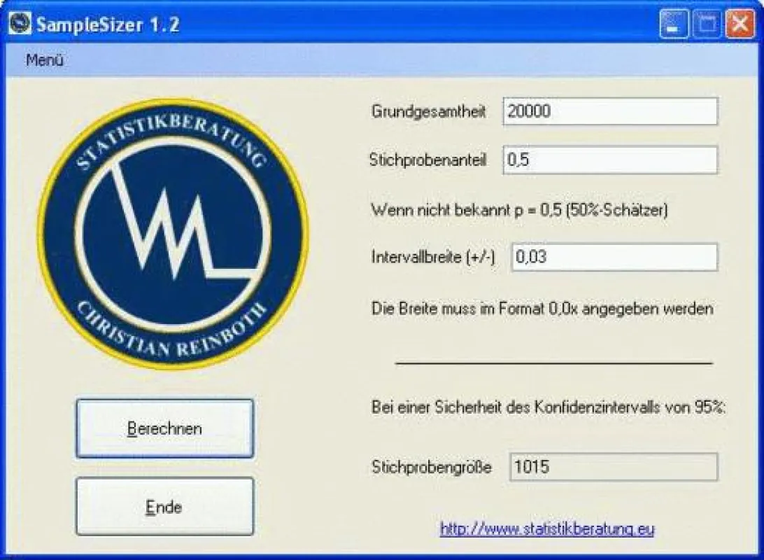 Screenshot der Software SampleSizer