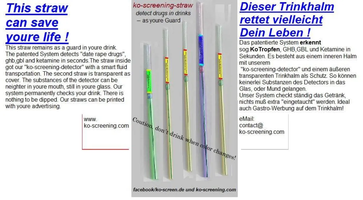 ko-screening-straw, dieser Trinkhalm erkennt sog. Ko-Tropfen