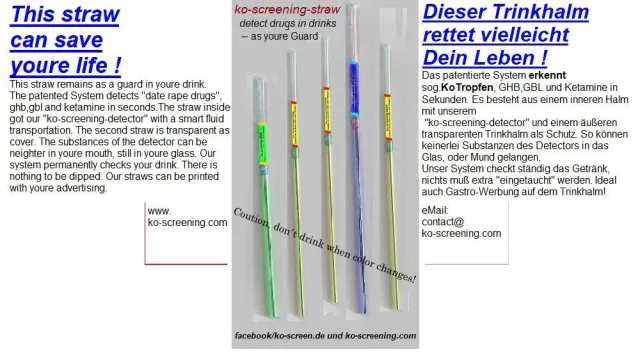 Bild: ko-screening-straw, ein Trinkhalm der Ko-Tropfen erkennt!