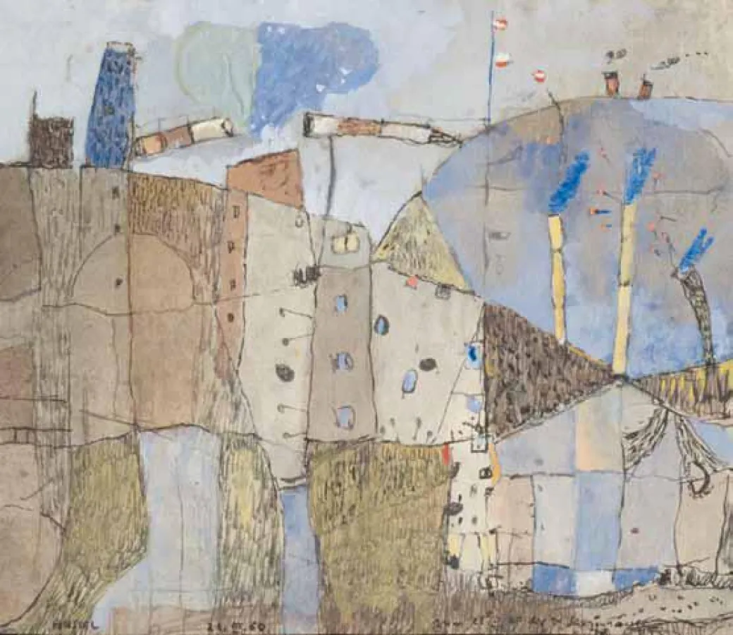 Abb: Ohne Titel [Häuser] · 1960 · Feder in Schwarz, aquarelliert, Deckfarben auf Büttenpapier · 14,7