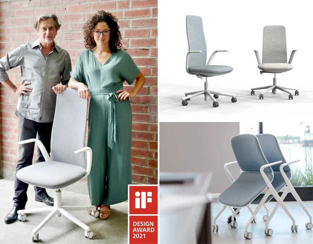 Veronika Köpp und Stefan Brodbeck mit dem prämierten Stuhl NIA (© brodbeck-koepp design)