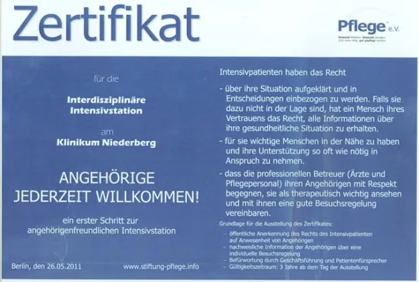 Bild: Angehörige jederzeit willkommen - Klinikum Niederberg erhält Zertifikat