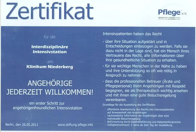 Bild: Angehörige jederzeit willkommen - Klinikum Niederberg erhält Zertifikat