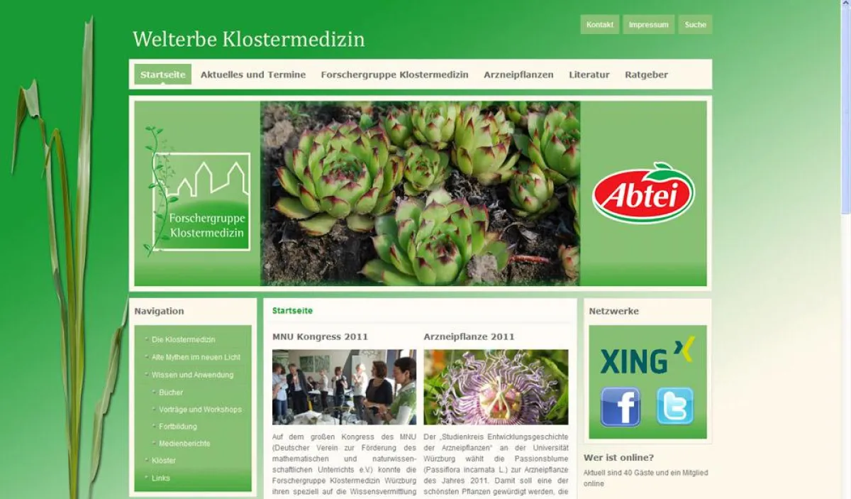 Screenshot der Internetpräsenz unter http://www.welterbe-klostermedizin.de