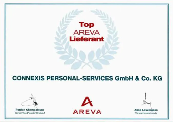 Die Connexis Personal-Services wurde als „TOP AREVA Lieferant“ ausgezeichnet Bild: Die Connexis Personal-Services wurde als „TOP AREVA Lieferant“ ausgezeichnet