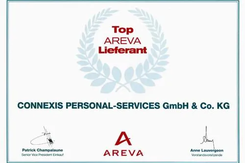 Die Connexis Personal-Services wurde als „TOP AREVA Lieferant“ ausgezeichnet Bild: Die Connexis Personal-Services wurde als „TOP AREVA Lieferant“ ausgezeichnet