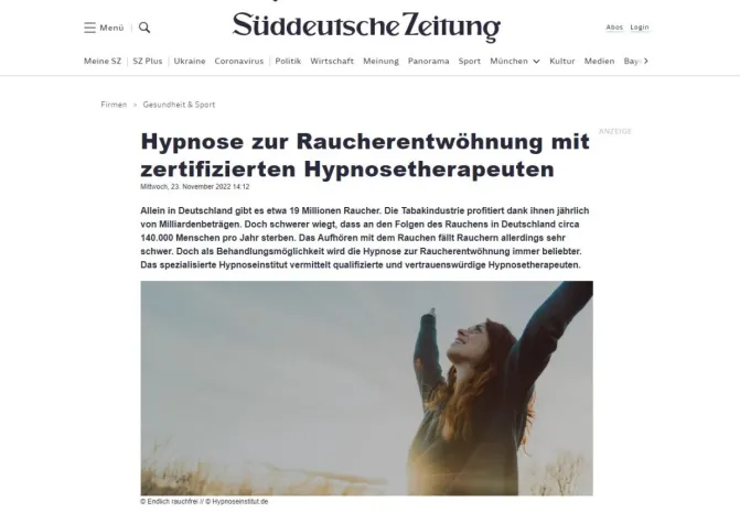 Bild: Süddeutsche Zeitung veröffentlicht Artikel über Raucherentwöhnung mit Hilfe von Hypnosetherapeuten