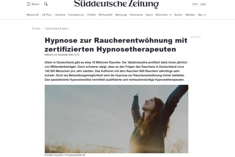 Süddeutsche Zeitung veröffentlicht Artikel über Raucherentwöhnung mit Hilfe von Hypnosetherapeuten Bild: Süddeutsche Zeitung veröffentlicht Artikel über Raucherentwöhnung mit Hilfe von Hypnosetherapeuten