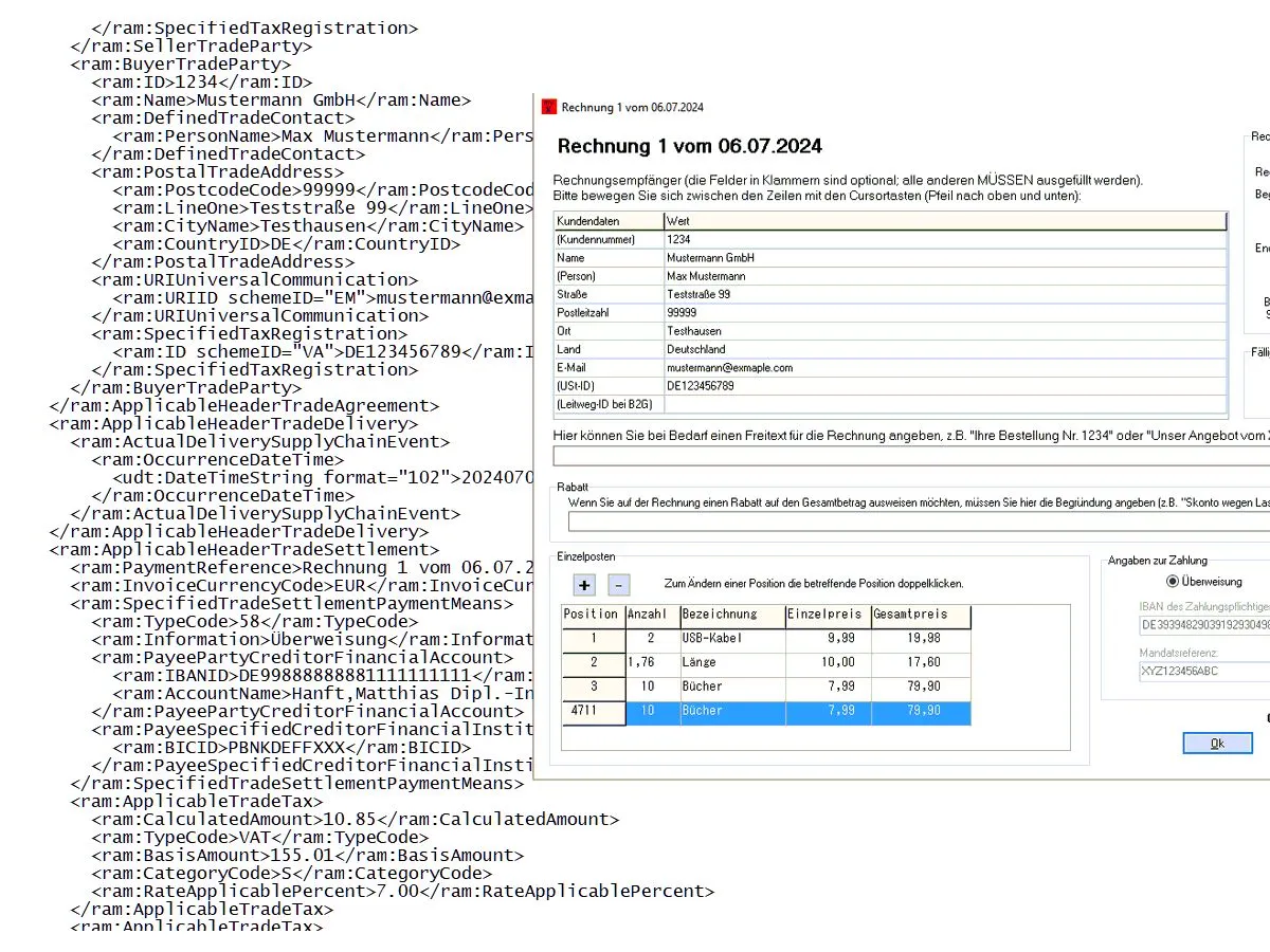 Rechnungseingabe und daraus erzeugte E-Rechnung (Ausschnitt) (© Ingenieurbüro Hanft)