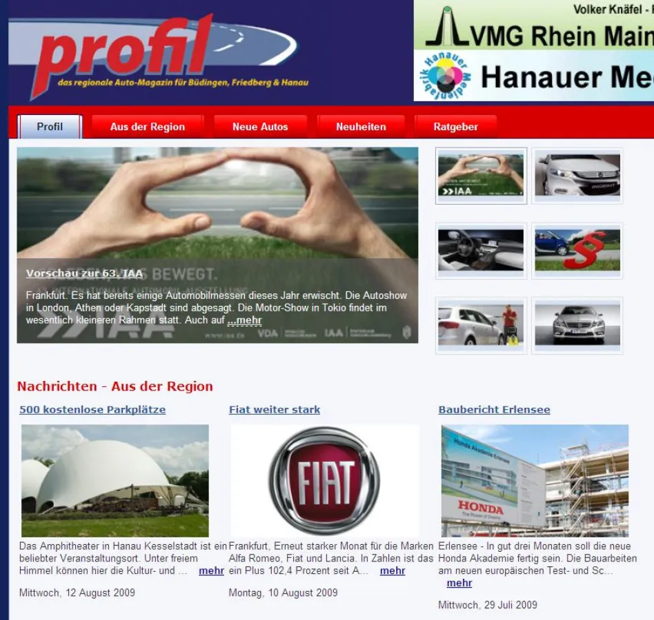 Profil Startseite mit regional News und Informationen rund ums Auto
