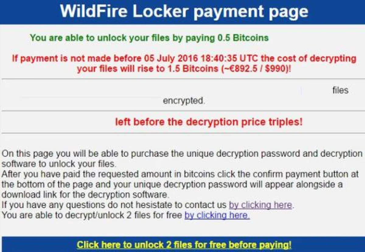 Desktopmeldung WildFire Locker Ransomware