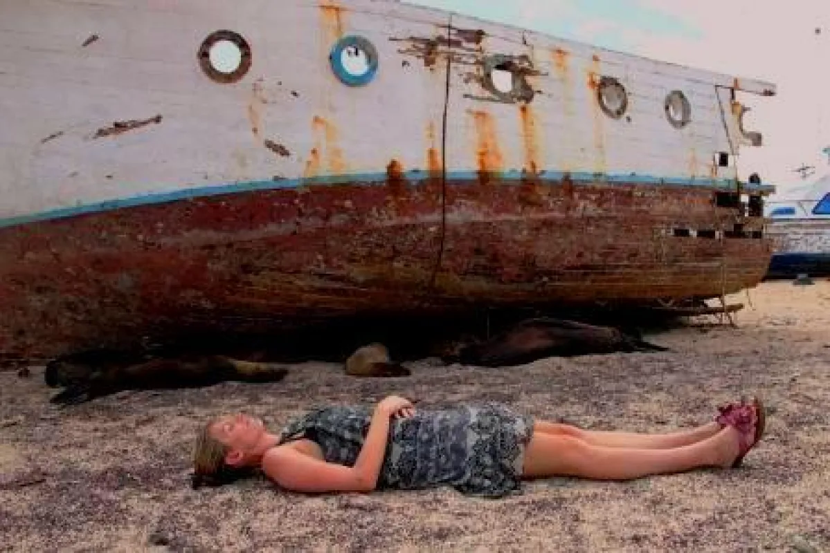 Die Reporterin Frau Schlaumeier entspannt bei den schlafenden Seehunden auf Galapagos.