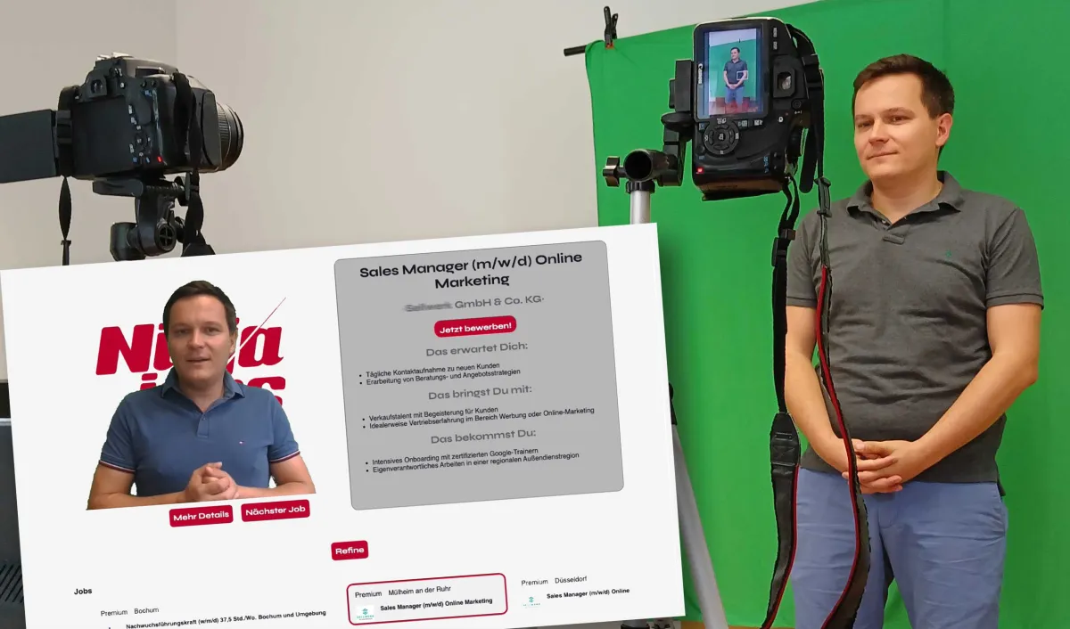 Aus realen Videosequenzen erzeugte ein KI-Tool einen Avatar, der durch die Jobsuche führt.  (© JobNinja GmbH)