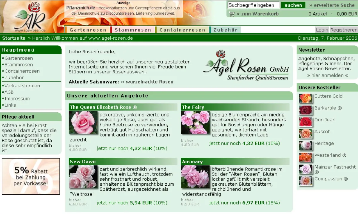 Screenshot des neuen Onlineshops www.agel-rosen.de