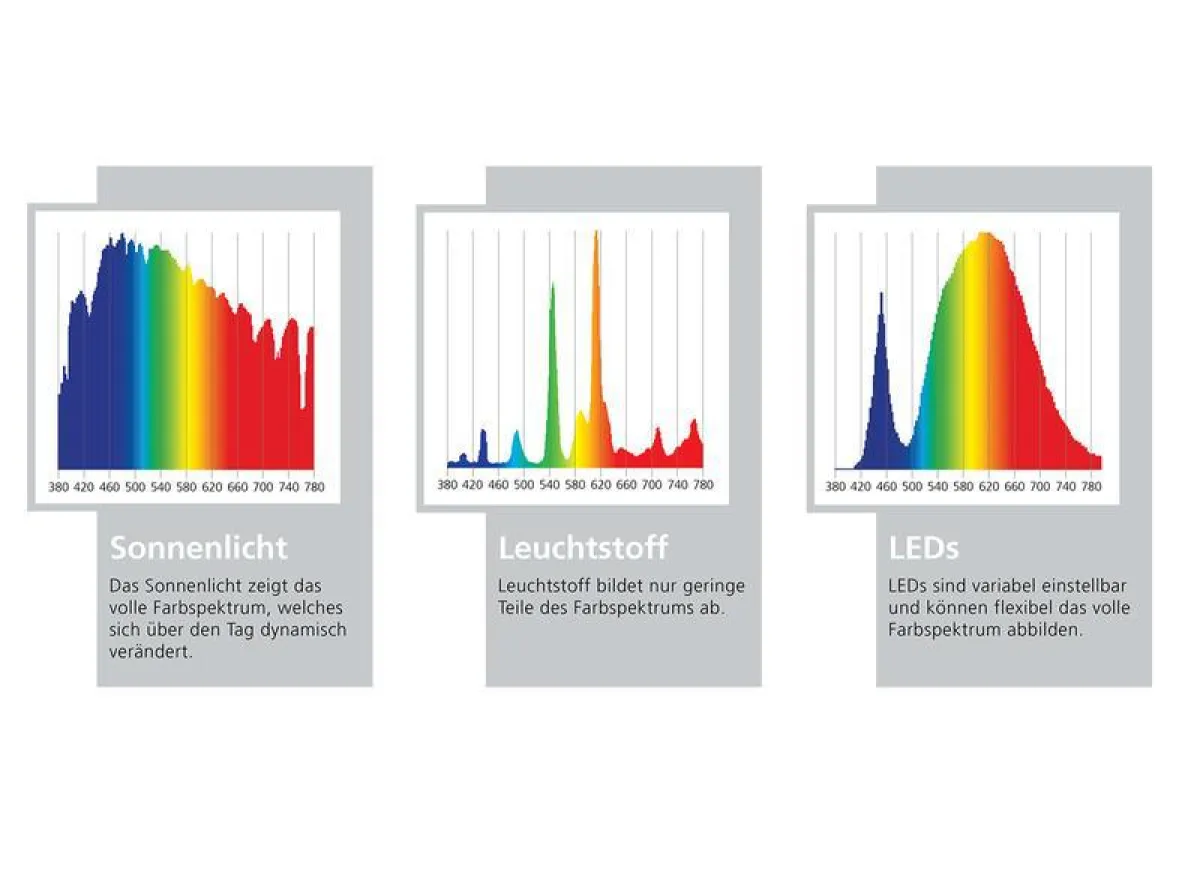 Farbspektren, die von Sonnenlicht (links), Leuchtstoff (Mitte) und LEDs (rechts) ausgehen. LEDs sind variabel einstellbar und können das volle Farbspektrum flexibel abbilden. (Fraunhofer UMSICHT)