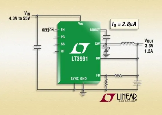 Linear Technology: 55V/1,2A(IOUT)-Abwärts-Gleichspannungswandler zieht nur 2,8µA Ruhestrom Bild: Linear Technology: 55V/1,2A(IOUT)-Abwärts-Gleichspannungswandler zieht nur 2,8µA Ruhestrom