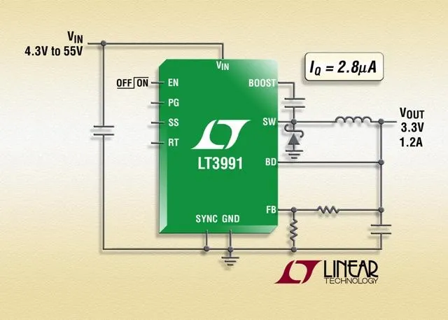 Bild: Linear Technology: 55V/1,2A(IOUT)-Abwärts-Gleichspannungswandler zieht nur 2,8µA Ruhestrom