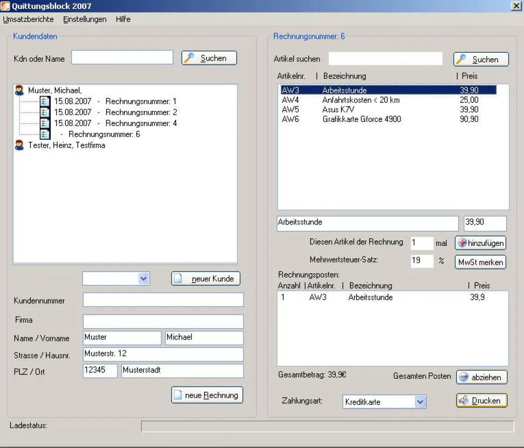 Quittungsblock 2007 - Hauptmaske