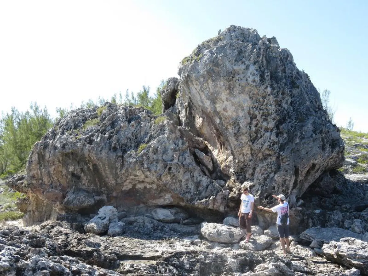 Dr. Alessio Rovere and PhD student Thomas Lorscheid standing by the boulder called “bull”.   (Photo: Elisa Casella, ZMT)