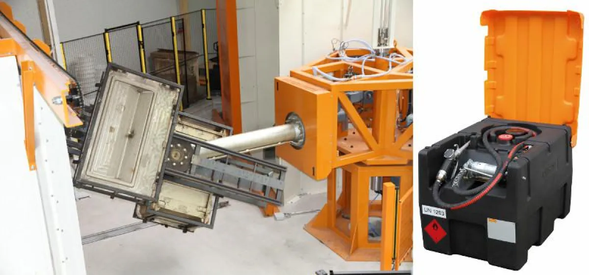 Beim Rotationsschmelzverfahren wird für jeden Behälter eine eigene Form mit PE-Pulver gefüllt (links). Behälter- und Deckelproduktion mit anschließender Endmontage mit Beschlägen und Zubehör, hier der