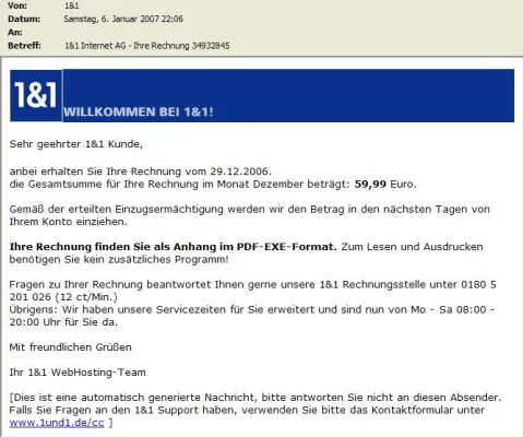 Bild: Gefälschte 1&1-Rechnungen beherbergen Computer-Schädling
