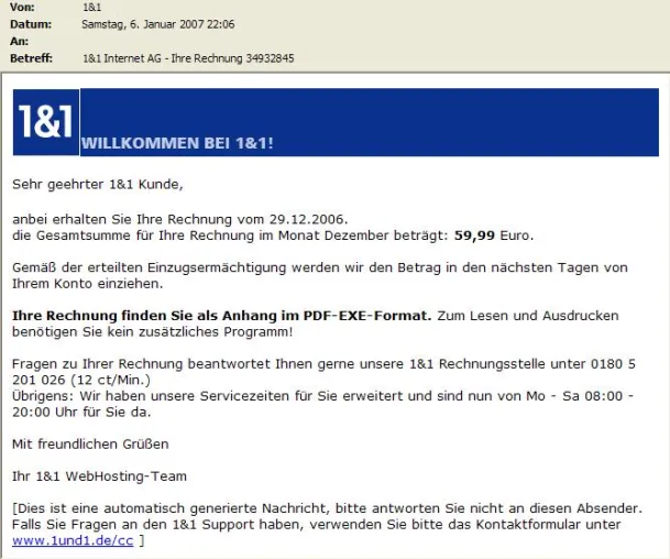Gefälschte 1&1-Rechnungen beherbergen Computer-Schädling Bild: Gefälschte 1&1-Rechnungen beherbergen Computer-Schädling
