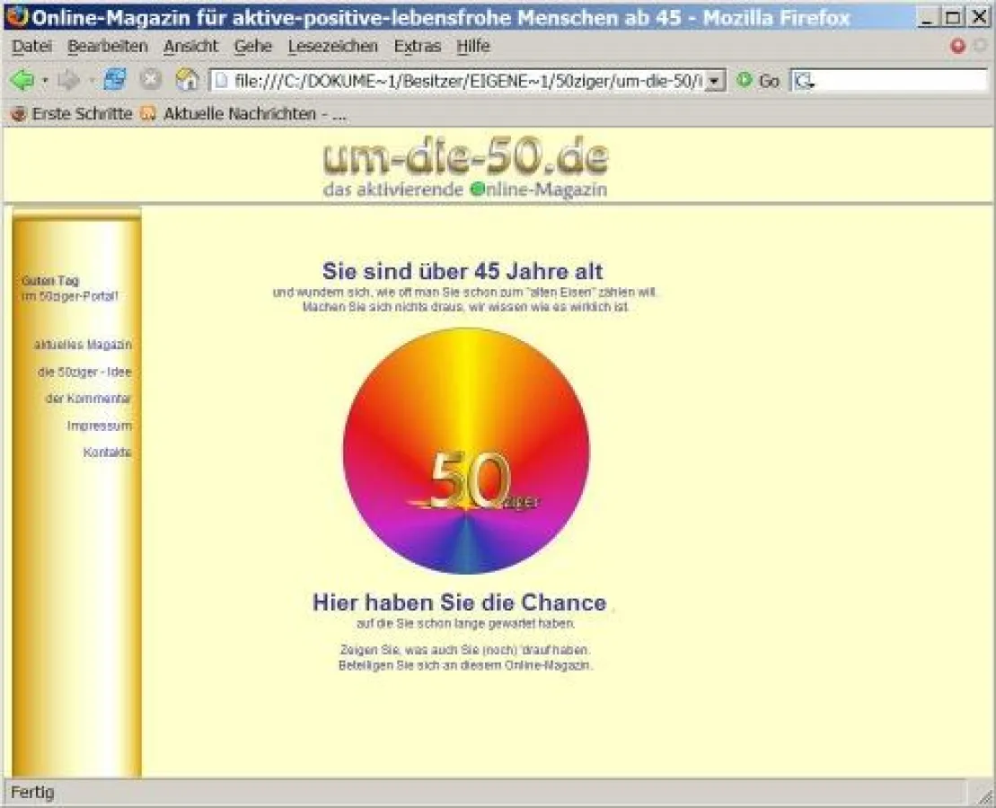 www.partner-50.de ist das Internetportal für alle über 45 Jahre. Tragen Sie sich dort ein und Ihre Meinung, ihre Wünsche und Anregungen werden bundesweit gehört. Info: www.um-die-50.de