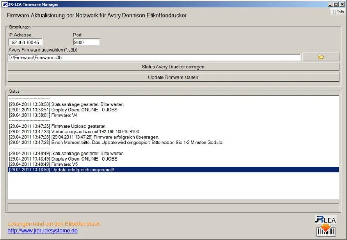 JR-LEA Firmware Manager - Firmware Update über Netzwerk für Avery Dennison Etikettendrucker