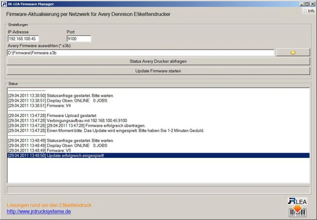 JR-LEA Firmware Manager - Firmware Update über Netzwerk für Avery Dennison Etikettendrucker