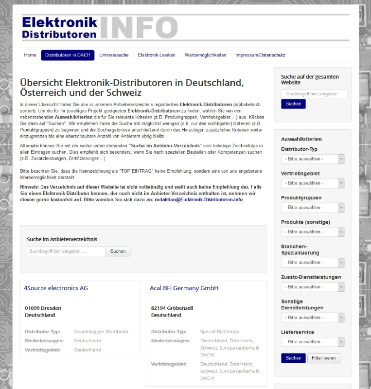 Einfache Auswahlkriterien (rechte Spalte) ermöglichen eine schnelle Suche geeigneter Distributoren