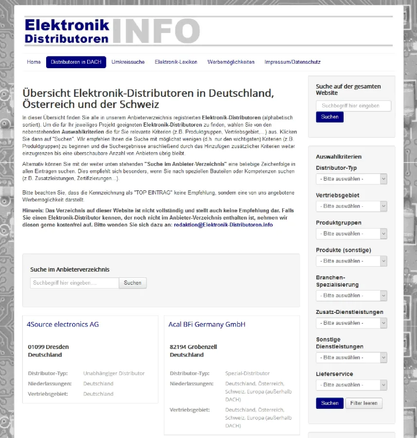 Einfache Auswahlkriterien (rechte Spalte) ermöglichen eine schnelle Suche geeigneter Distributoren