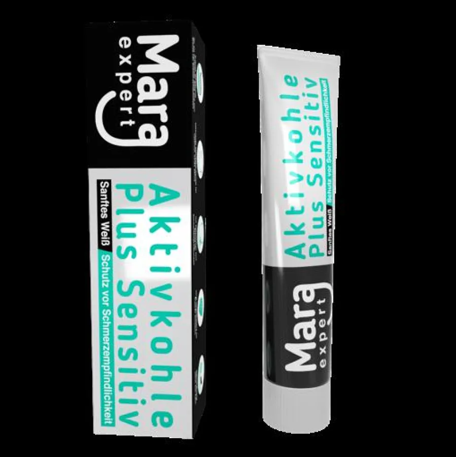 Die neue Mara expert Aktivkohle Plus Sensitiv Zahncreme.