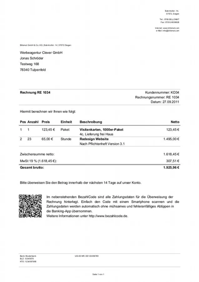 Rechnung mit einem Bezahlcode, der mit iOutBank erfasst werden kann