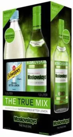 Bild: Moskovskaya Vodka und Schweppes Bitter Lemon im exklusiven Kombipaket