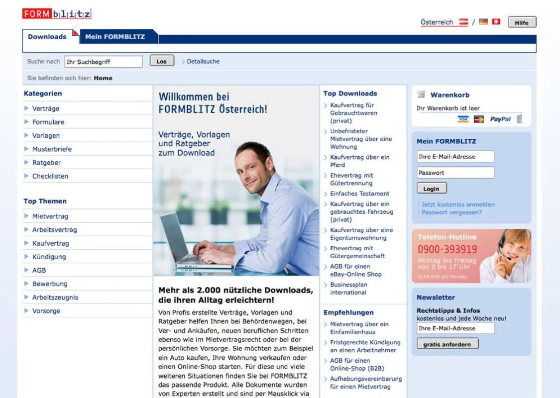 Klar und übersichtlich präsentiert sich die die Startseite des Online-Portals von www.formblitz.at.