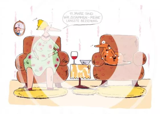 Bild: Cartoon des Monats Juni 2011 - Cartoonmuseum online Birte S. kürt "Unsere längste Beziehung"