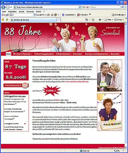 Noch 88 Tage - Dann ist der 8.8.08! Seniorenland sucht Geburtstagskinder, die an diesem Tag 88 Jahre alt werden Bild: Noch 88 Tage - Dann ist der 8.8.08! Seniorenland sucht Geburtstagskinder, die an diesem Tag 88 Jahre alt werden