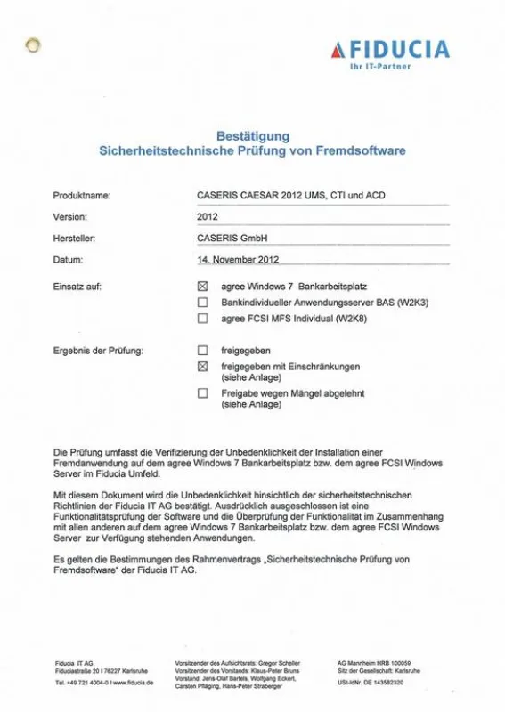 CAESAR 2012 erhält Fiducia Zertifizierung