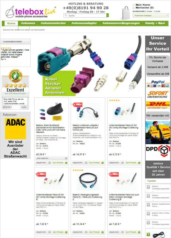 telebox-live Online Shop für Antennen, Antennenkabel und Adapter